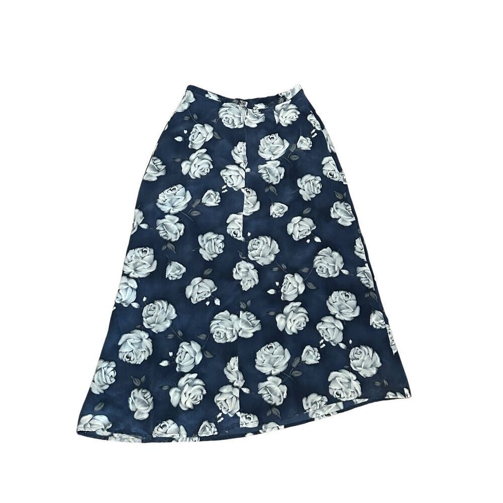 Casual Corner 90s cottagecore navy gray silk floral skirt 26 4/6 S